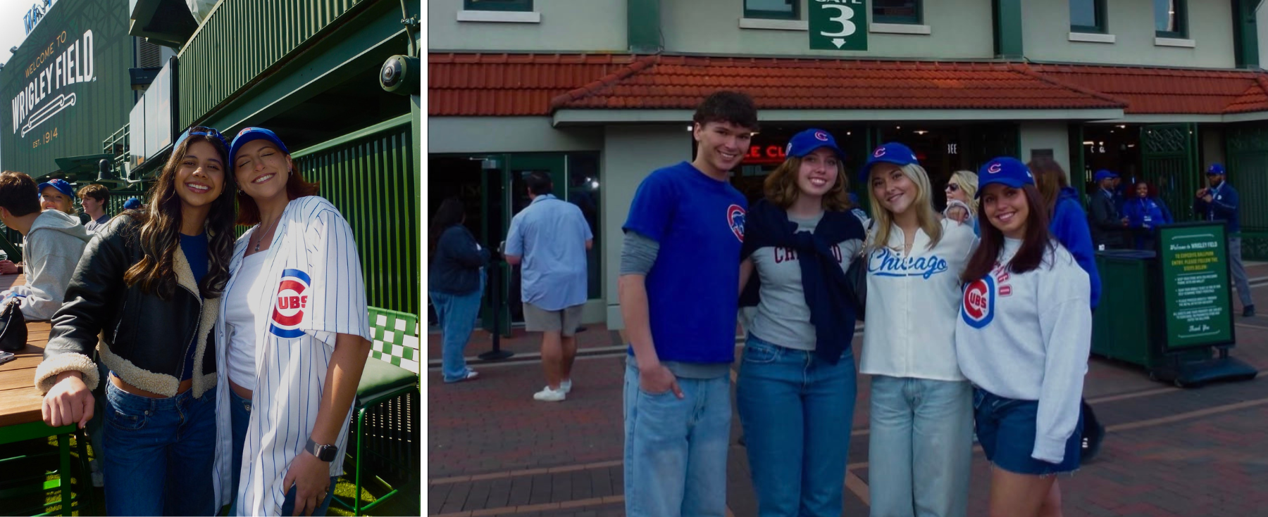 Loyola Media Fellows students posing outside Wrigley Field entrance smiling 